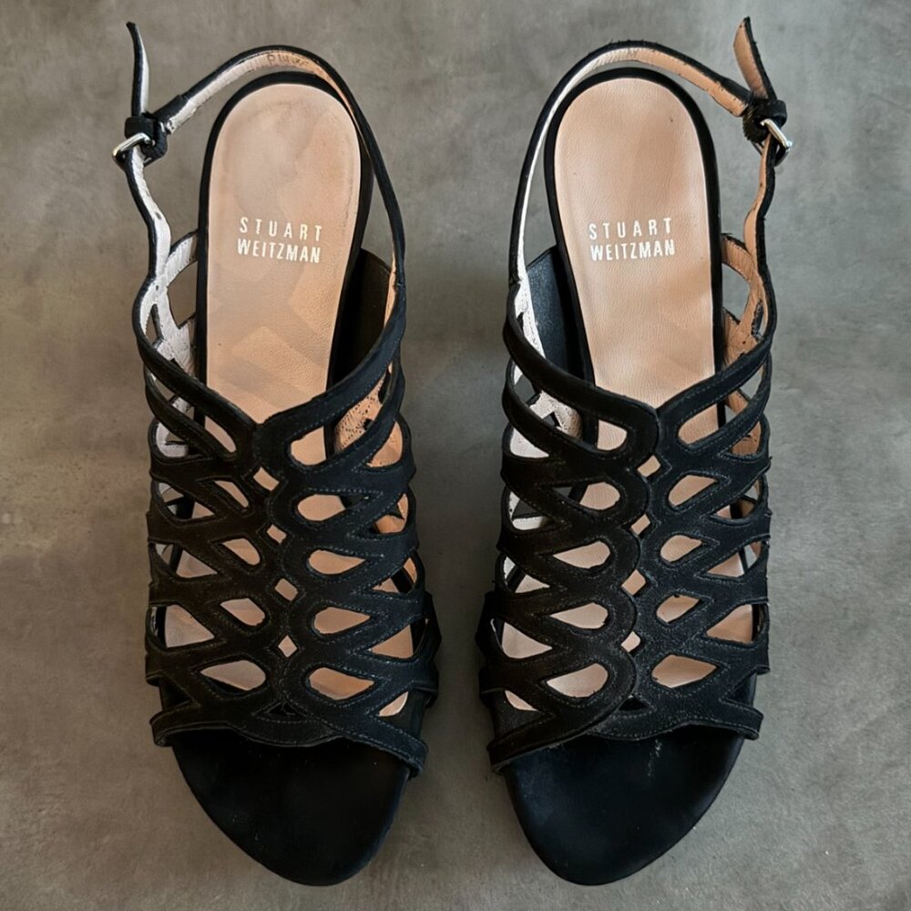 Stuart Weitzman Rollover Black Nubuck Sandals Suede Leather Strappy Heels 7 $495